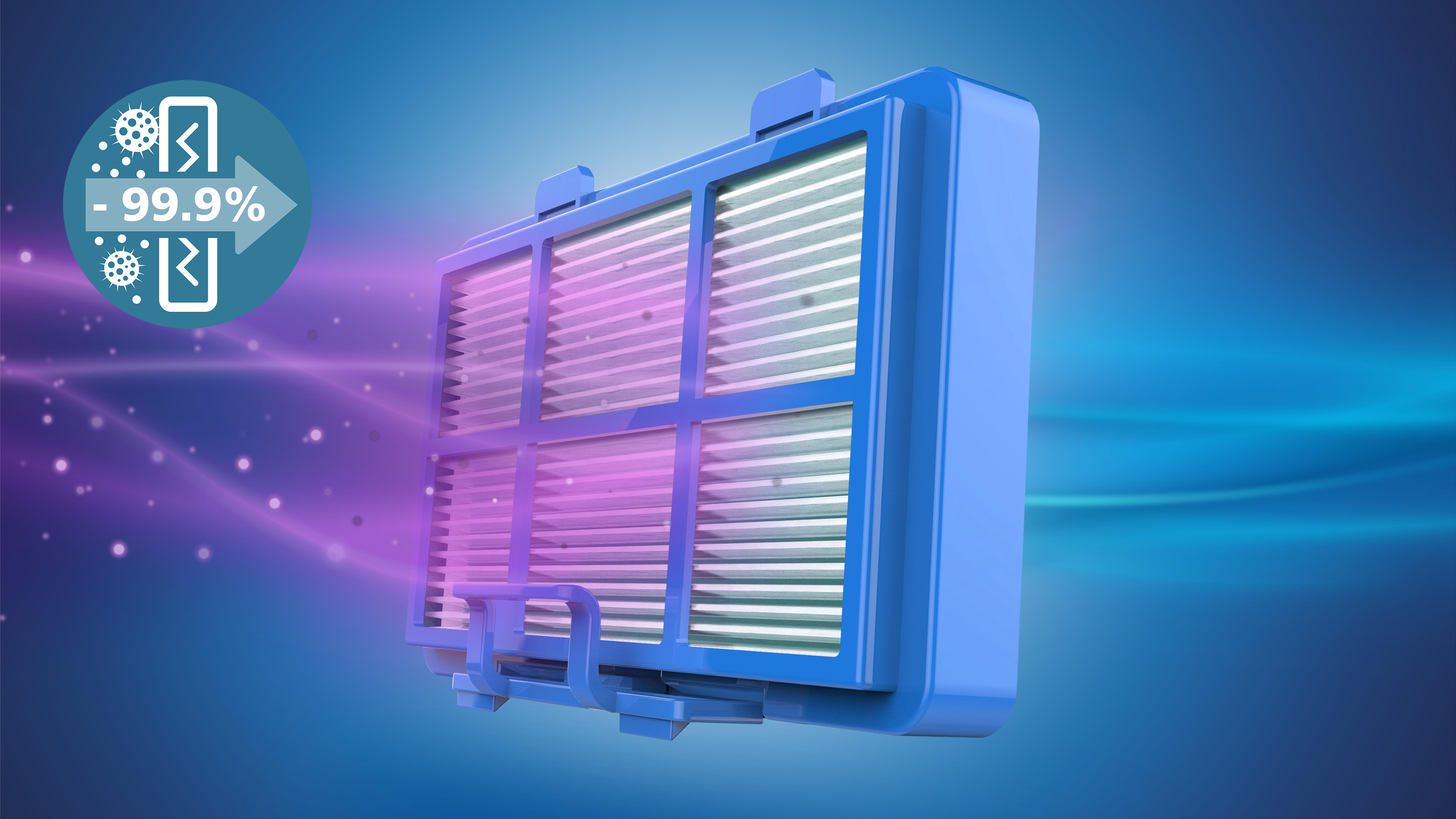 Изключително ефективният HEPA филтър улавя > 99,99%* от частиците