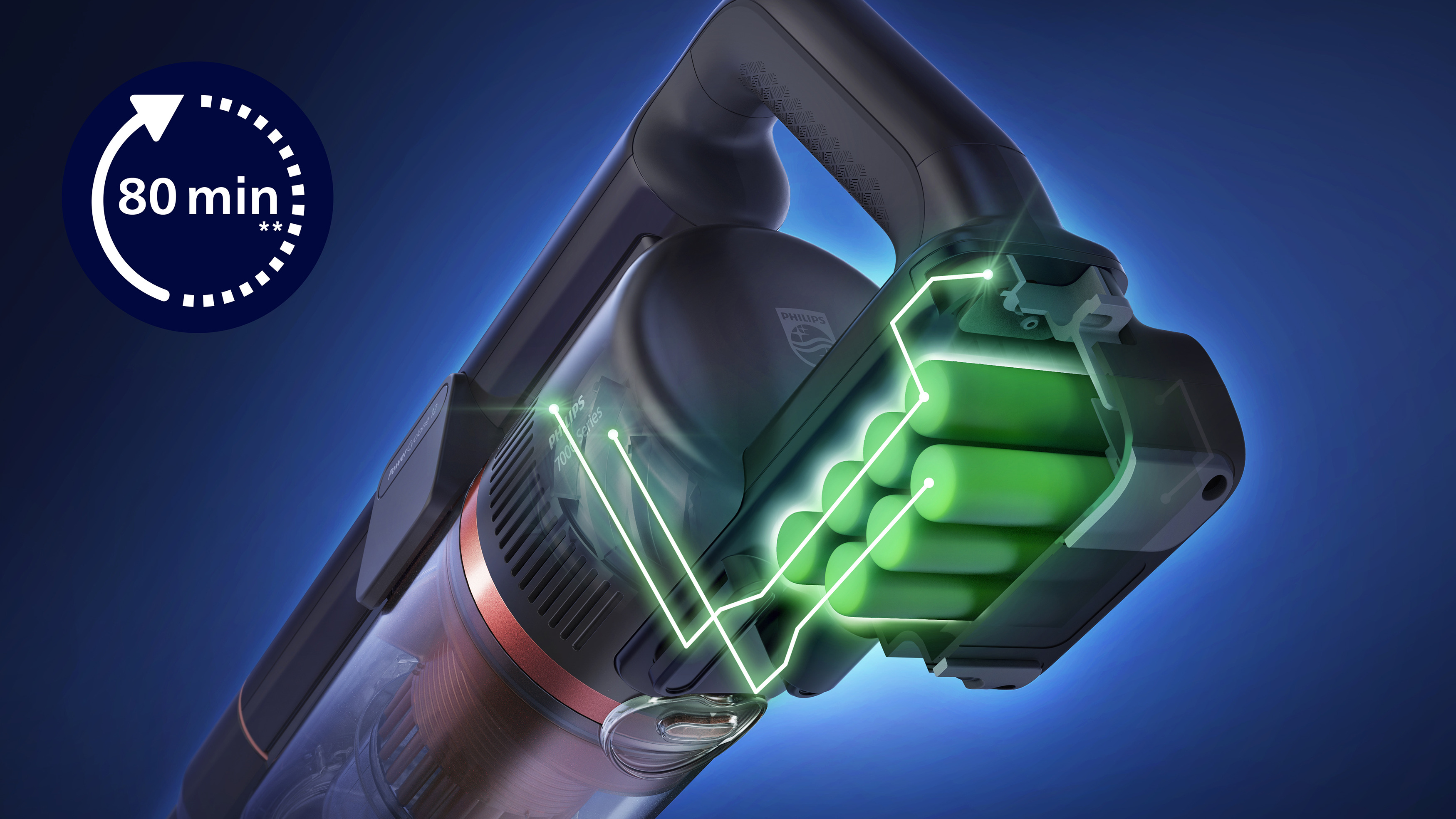 Upp till 80 minuters driftstid(1) fr&aring;n ett utbytbart litiumjonbatteri p&aring; 25,2&nbsp;V