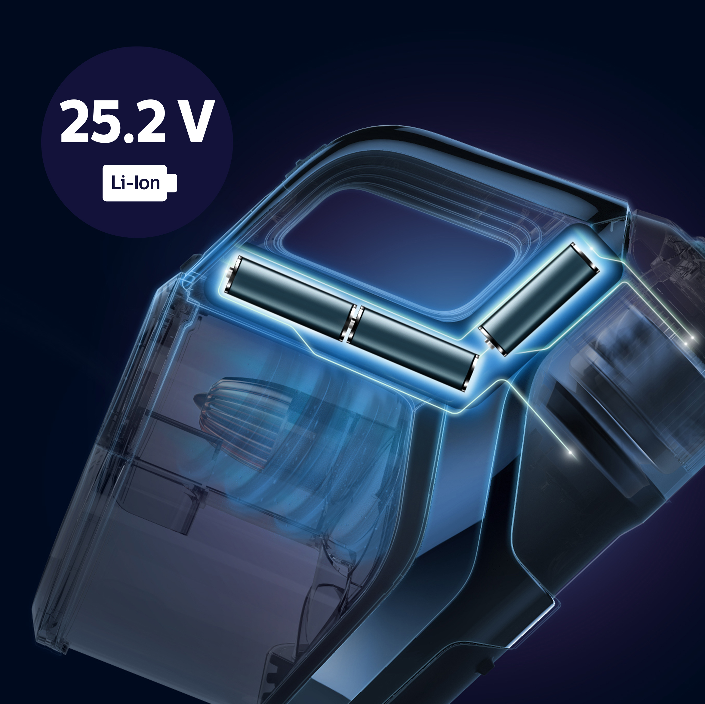 Bis zu 65&nbsp;Minuten Reinigungskraft mit 25-V-Lithium-Ionen-Akkus