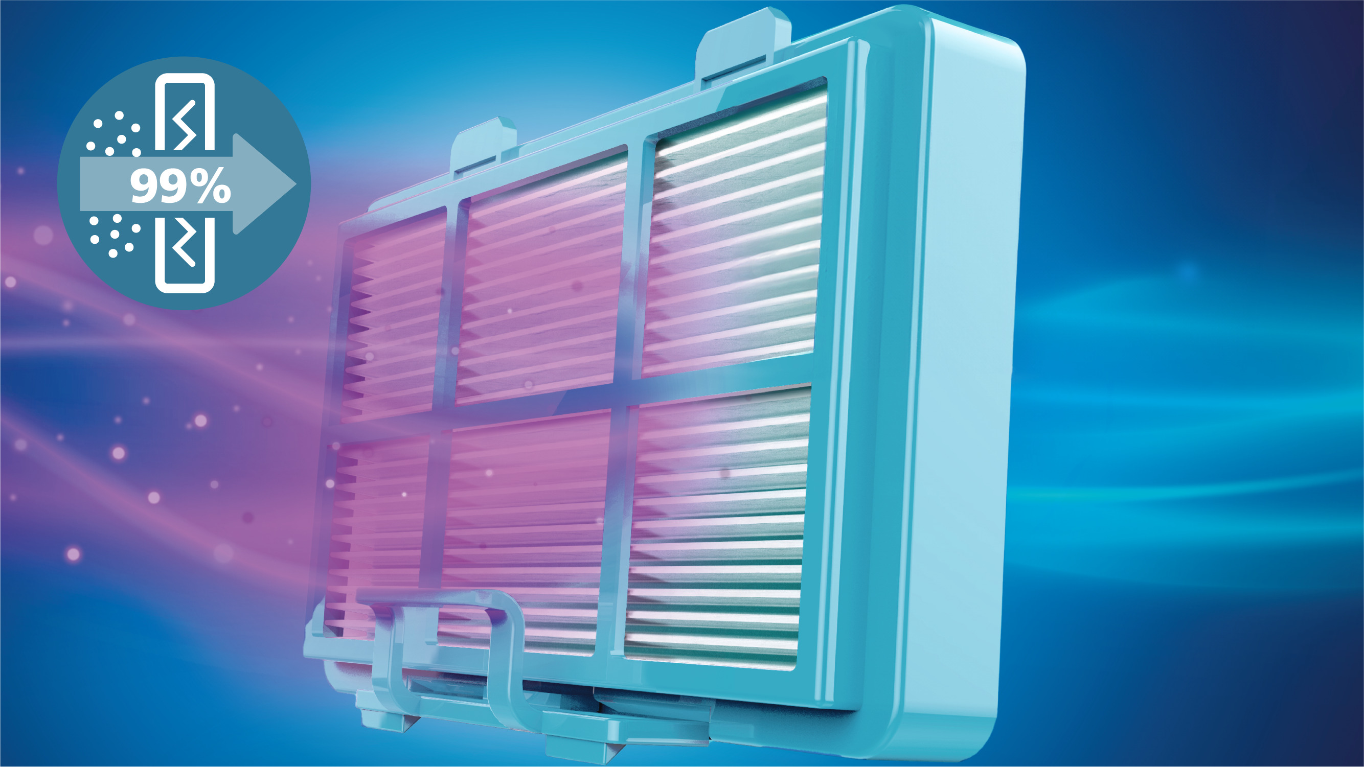 نظام فلتر ثلاثي المراحل يلتقط أكثر من 99.9%* من الجسيمات