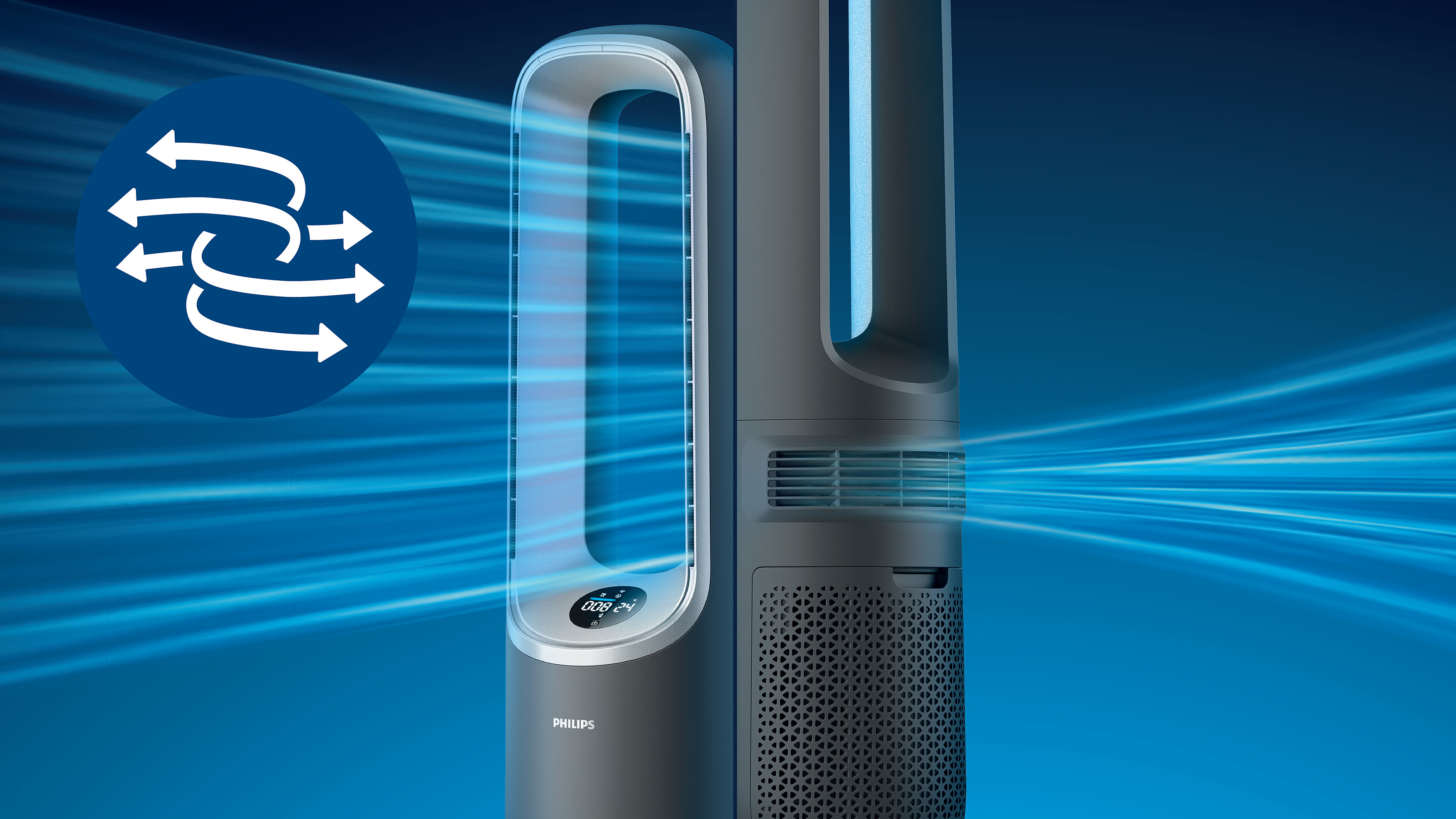 氣流可隨意調節，可選擇從機身正面輸出涼風或暖風，或從機身背面輸出淨化循環氣流